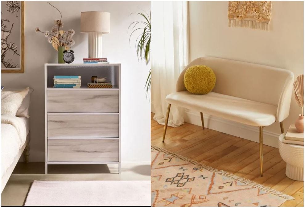 Spoken and 1StopBedrooms: Boulevard White 3-Drawer Chest with Haze Acacia Accents & Glamorous White Velvet Curved Bench with Gold-Tone Legs (70s living room)