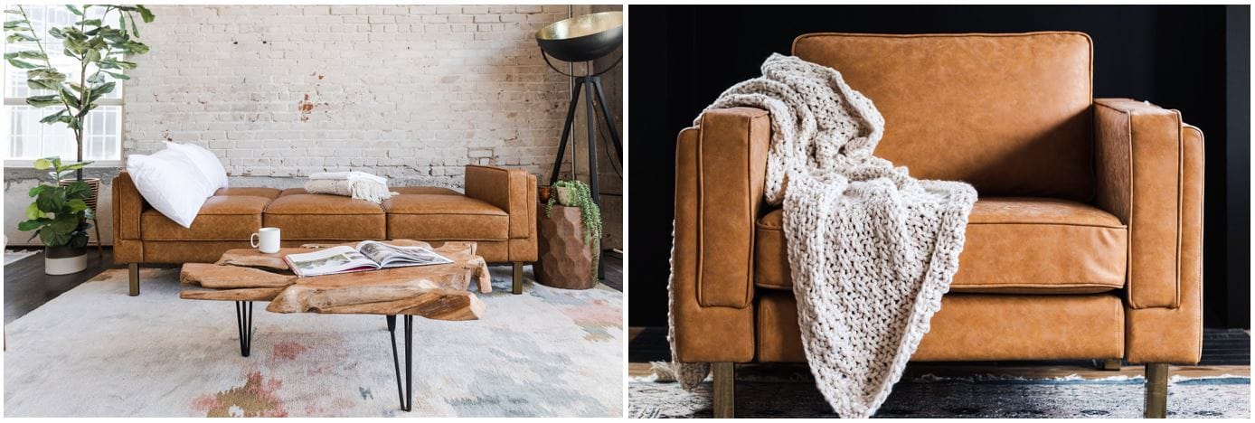 Albany Park furniture online: chic vegan leather sleeper sofa & cozy vegan leather armchair