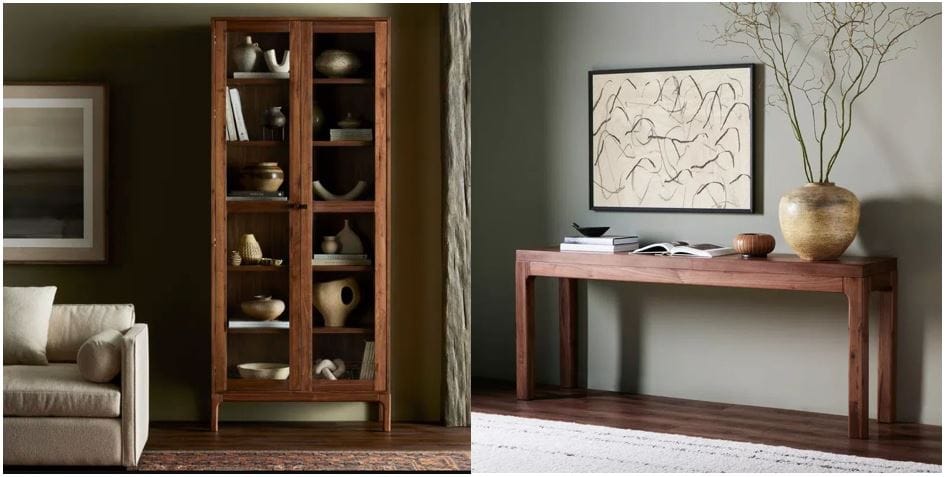 Spoken & AllModern: Cameron 88'' Brown Walnut Glass-Paneled Modern Curio Cabinet & Daniella Warm Walnut 78'' Modern Storage Console Table