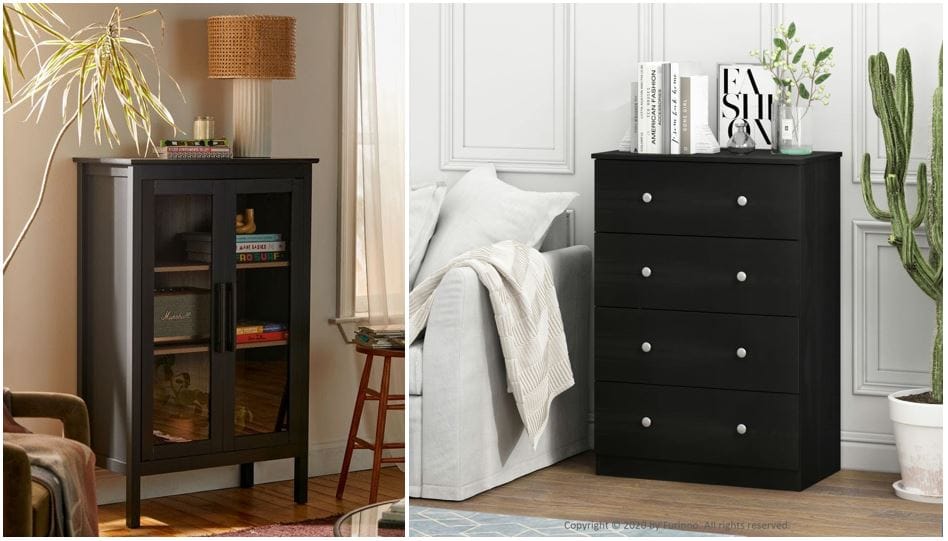 Spoken.io & Amazon furniture online: gray Scandinavian display cabinet; nordic home design; brown 4-drawer dresser; affordable home furnishings