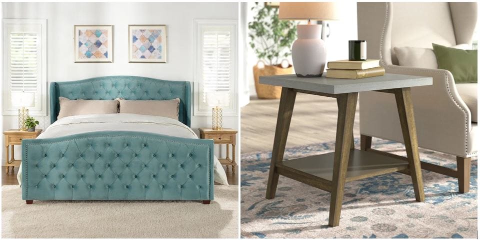 Birch Lane and Spoken.io online furniture: blue upholstered king bed & transitional gray square end table; dream decor; artistic deco