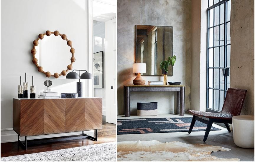 CB2 furniture: Walnut Wood Media Console 57" & Cap Ivory Cement Side Table 18"; mid-century modern furniture 