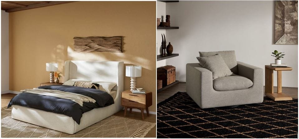 Castlery Furniture: Dalton Bed with Seb Bedroom Storage & Dawson Swivel Armchair; contemporary living room furniture; upholstered bed