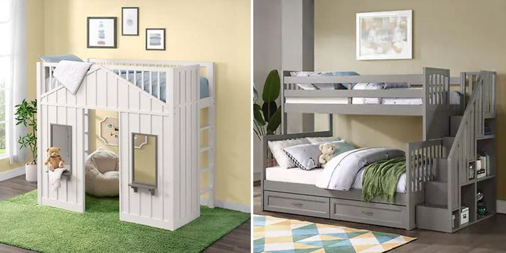 Costco Furniture: Abigail House Loft Bed for kids and gray twin over full staircase bunk bed