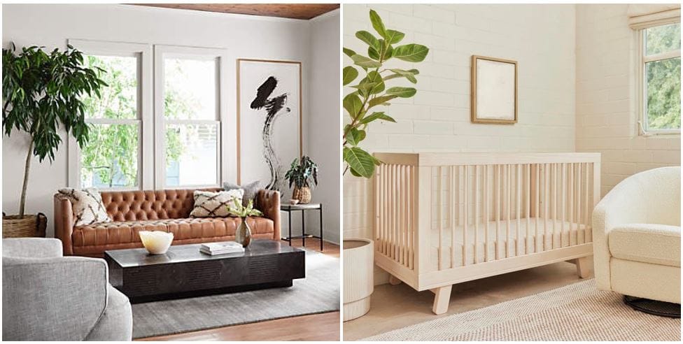 Crate and Barrel & Spoken online furniture: Tufted leather sofa modern elegant furniture style & convertible crib 3-in-1 toddler bed; mid-century modern crib