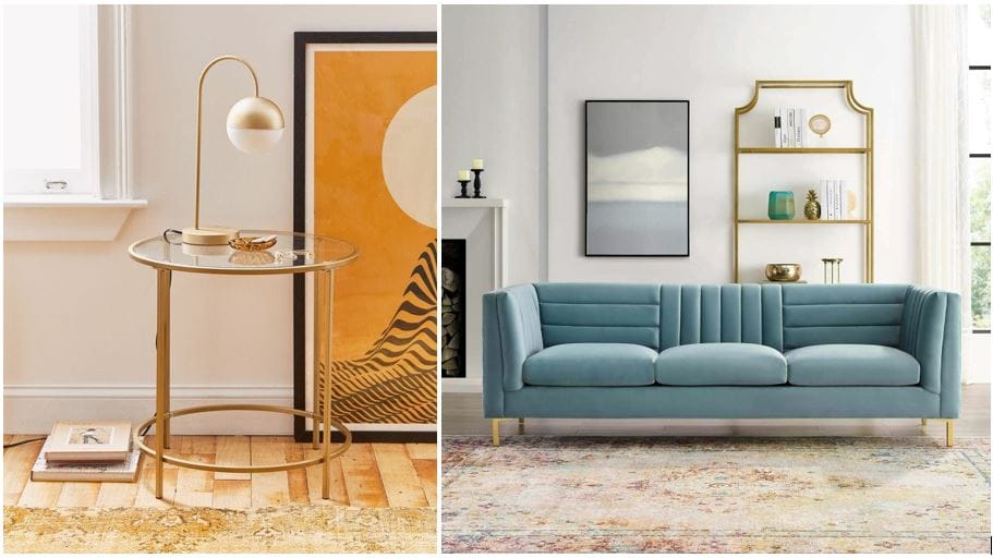 Cymax on Spoken.io furniture online: gold metal & glass side table & retro modern blue velvet sofa; online only furniture stores