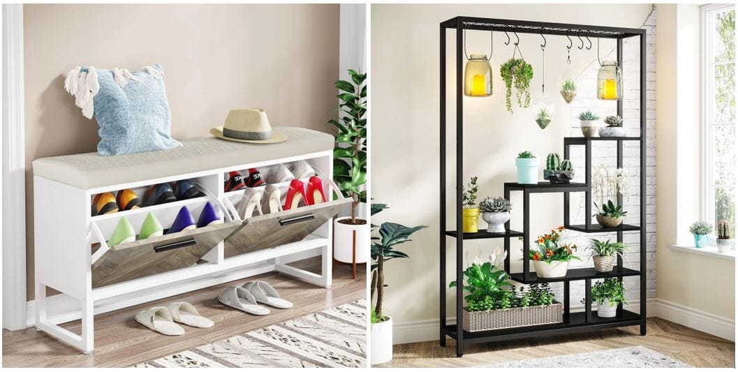Dot & Bo furniture: white shoe storage bench for modern entryway & black five tier plant stand with hanging hooks; modern home decor and furniture; unique storage for small spaces