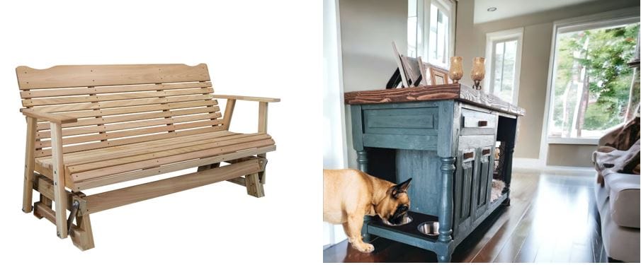 Etsy furniture: Sustainably sourced Amish-crafted cedar glider (finished or unfinished) & farmhouse dog kennel dog bed food station; farmhouse home decor
