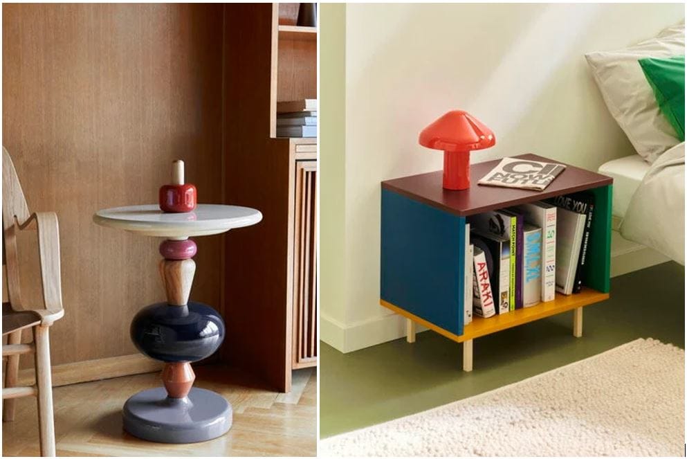 Finnish Design Shop Furniture: Scandinavian style end table and multicolored wooden cabinet; Nordic style living room furniture; Scandinavian bedroom furniture