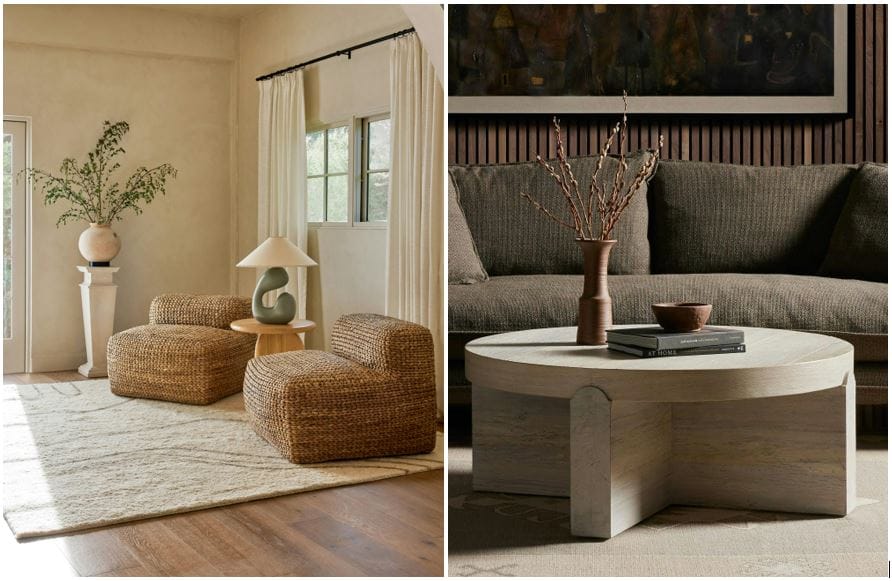 Houzz and Spoken: natural weave plush accent chairs and round white wood coffee table; 