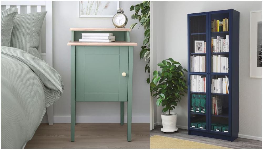 OLDERDALEN Nightstand, gray-green/pine, 18 1/2x16 7/8 " and BILLY Bookcase with glass doors, dark blue, 31 1/2x11 3/4x79 1/2 " Ikea, Blavingad, Blahaj; Ikea furniture