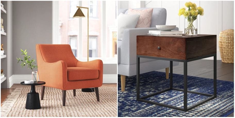 Joss and Main & Spoken furniture online: Orange accent chair with wooden legs & industrial design style modern end table with yellow flowers and a blue rug; affordable home furnishings 