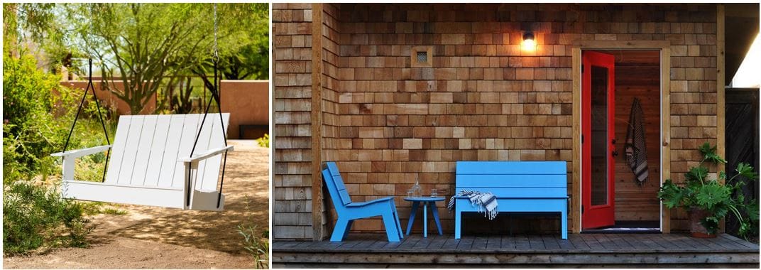 Loll Designs: white porch swing made in the USA & blue fire bench for outdoor seating; recycled and recyclable furniture