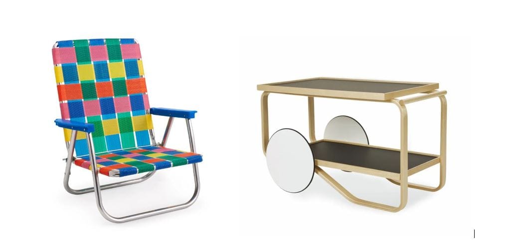 MoMA Design Store online furniture: retro rainbow classic lawn chair & tea trolley table bar cart Alvar Aalto and Artek design; modern home and outdoor furniture