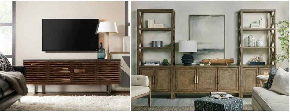 Spoken.io and Pottery Barn furniture: metal & wood media console table, tv bench, & pecan and rattan bookcase bookshelf from Pottery Barn; farmhouse interior design; timeless furniture style