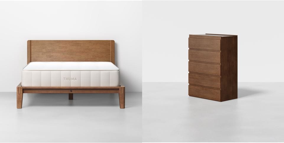 Thuma bedroom furniture: Sustainable hybrid Thuma mattress, low profile walnut platform bed frame, modular walnut dresser, eco friendly furniture