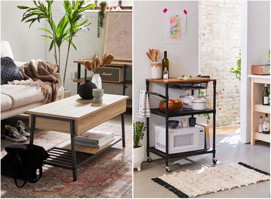 Walmart & Spoken io furniture online: Modern industrial lift-top coffee table with hidden storage & functional black kitchen cart with cutting board shelves steel mesh drawer; affordable home furnishings from Walmart; buy furniture online
