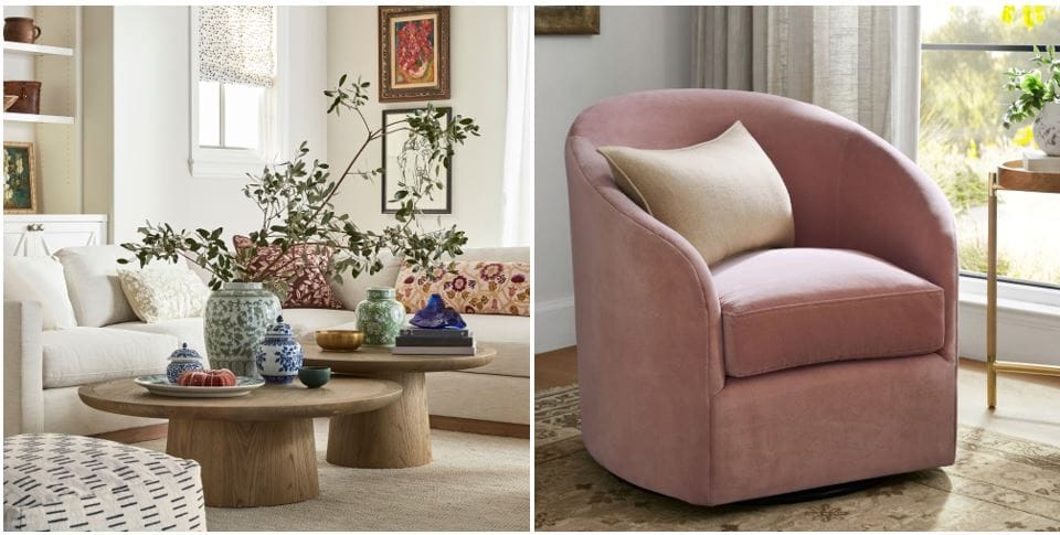 Williams Sonoma furniture store online: versatile oak nesting coffee table & upholstered swivel chair; artisan made furniture