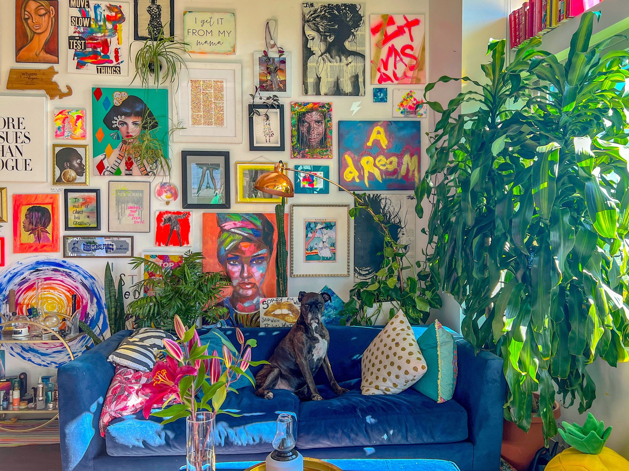 Maximalist living room filled with vibrant colors, bold patterns, and eclectic décor.